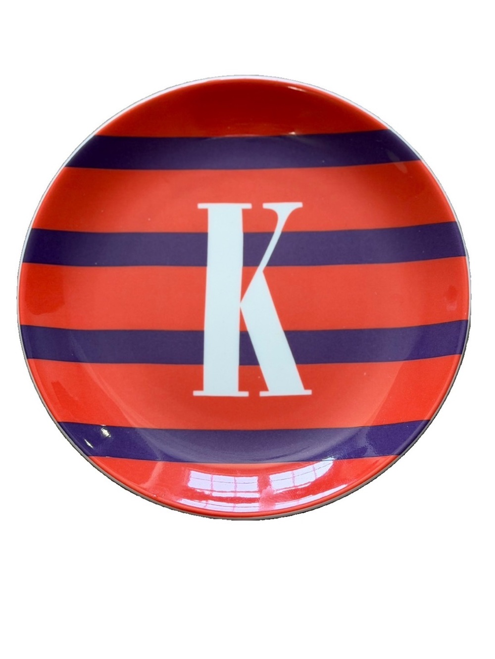 kate spade Red and Navy Striped Plate with White K Monogram